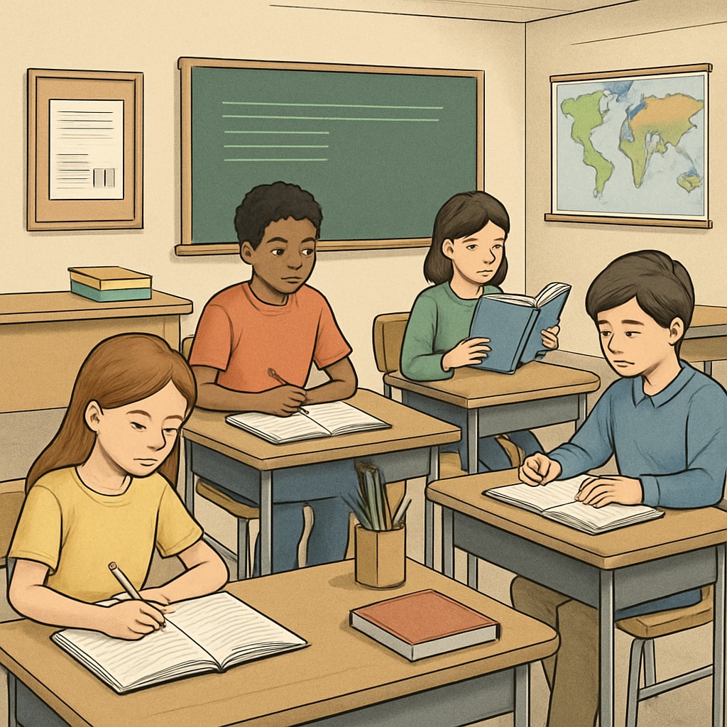 Students in a public school classroom emphasizing equitable education access.