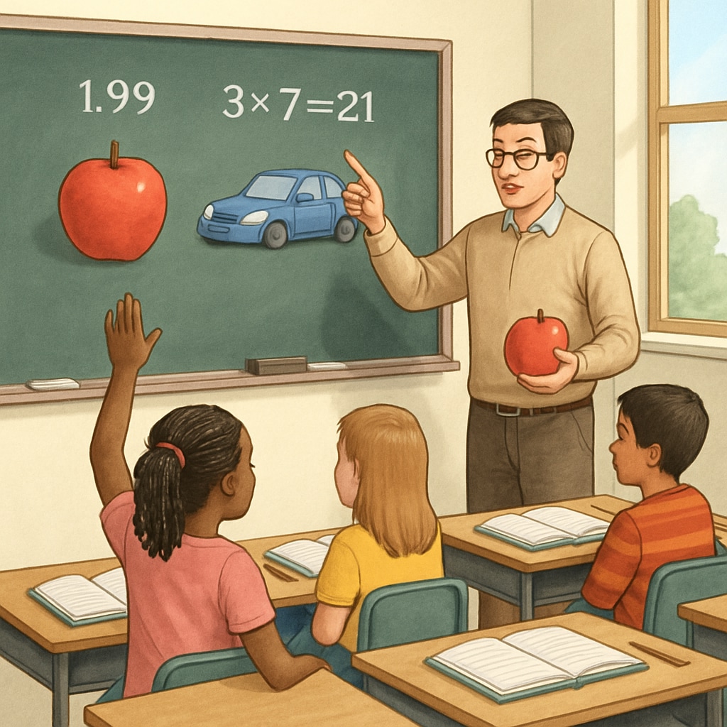 A teacher explaining math concepts with real-world examples, engaging students.