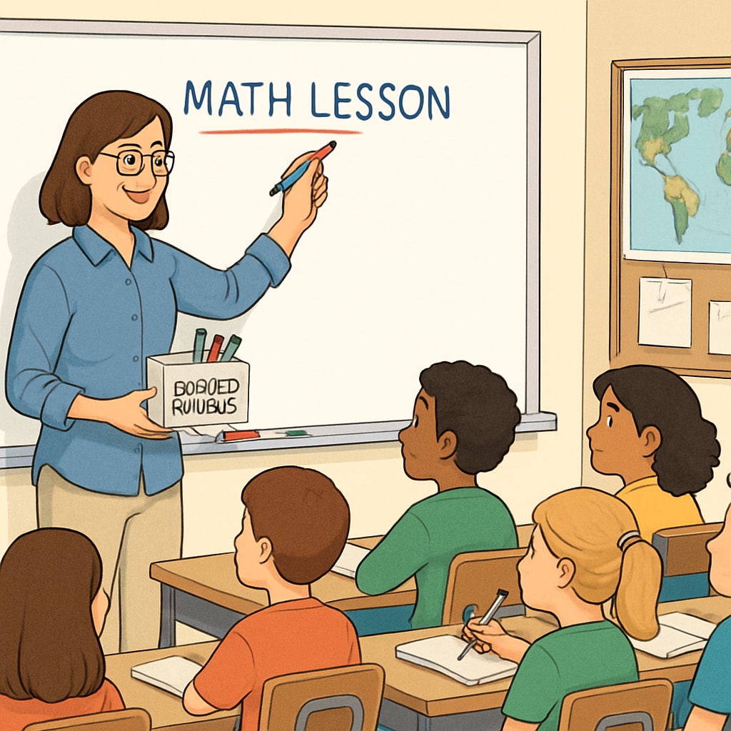Teacher using donated whiteboard markers in a classroom to teach students.
