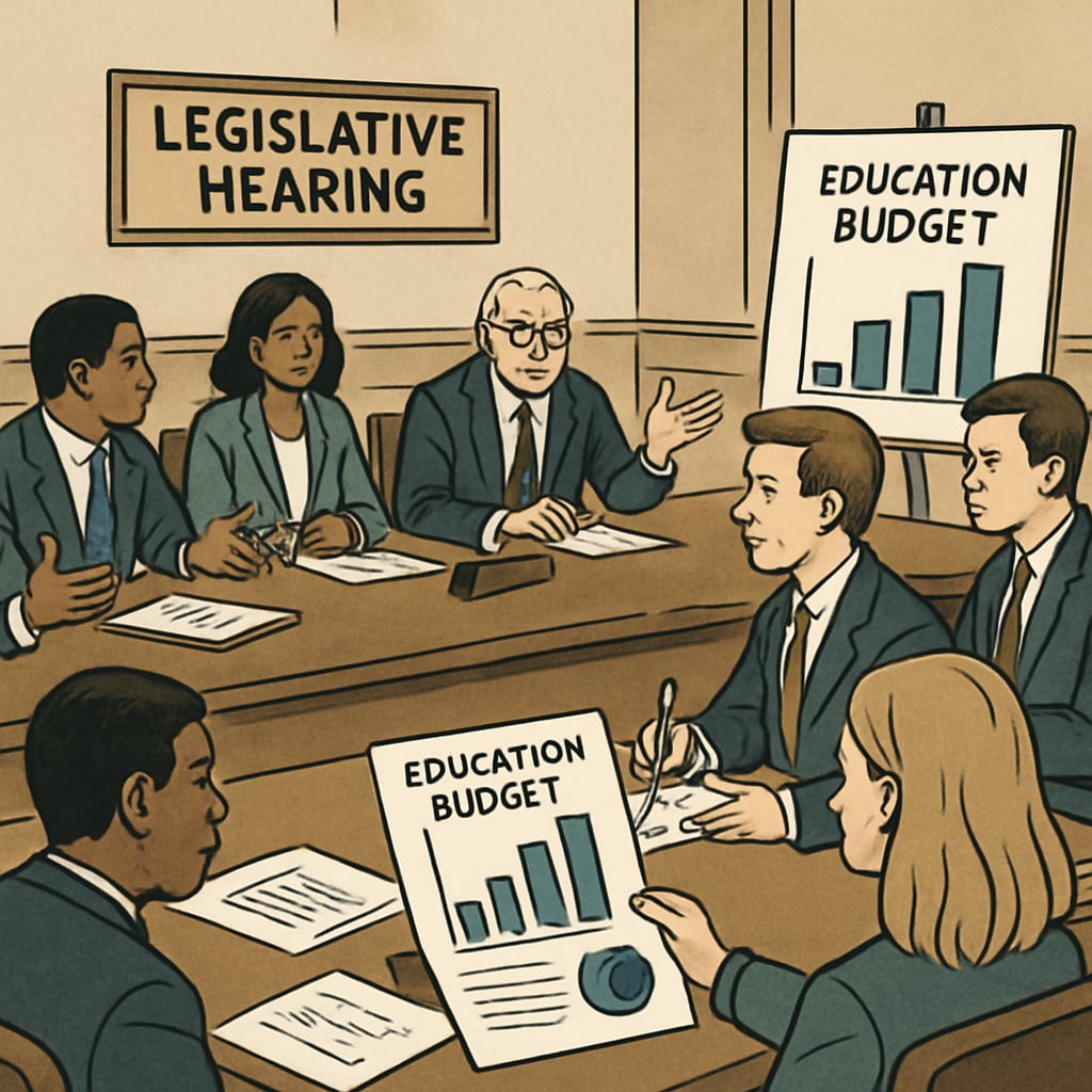 Policymakers discussing education funding during a legislative session.