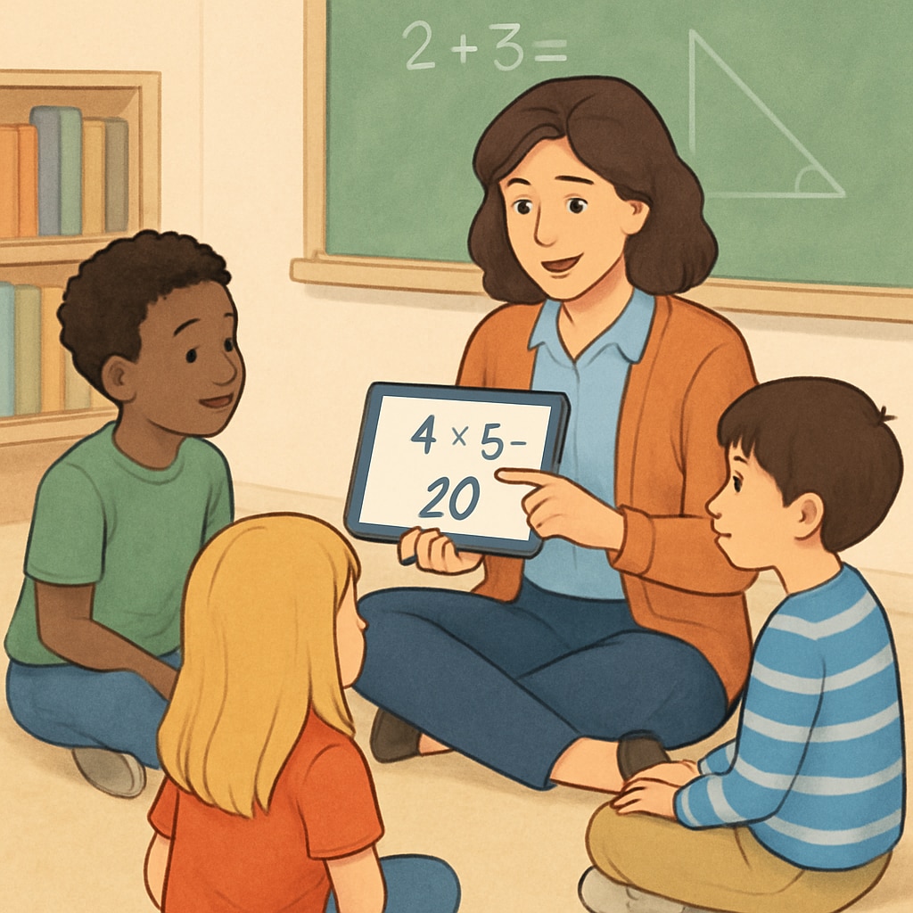 Collaborative math lesson with a teacher using a tablet to explain concepts.