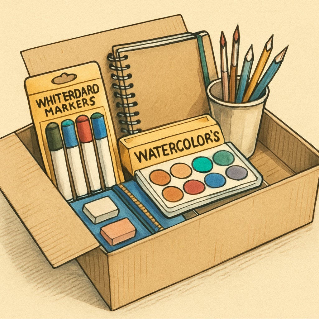 Classroom supplies donated to teachers, including whiteboard markers and notebooks.