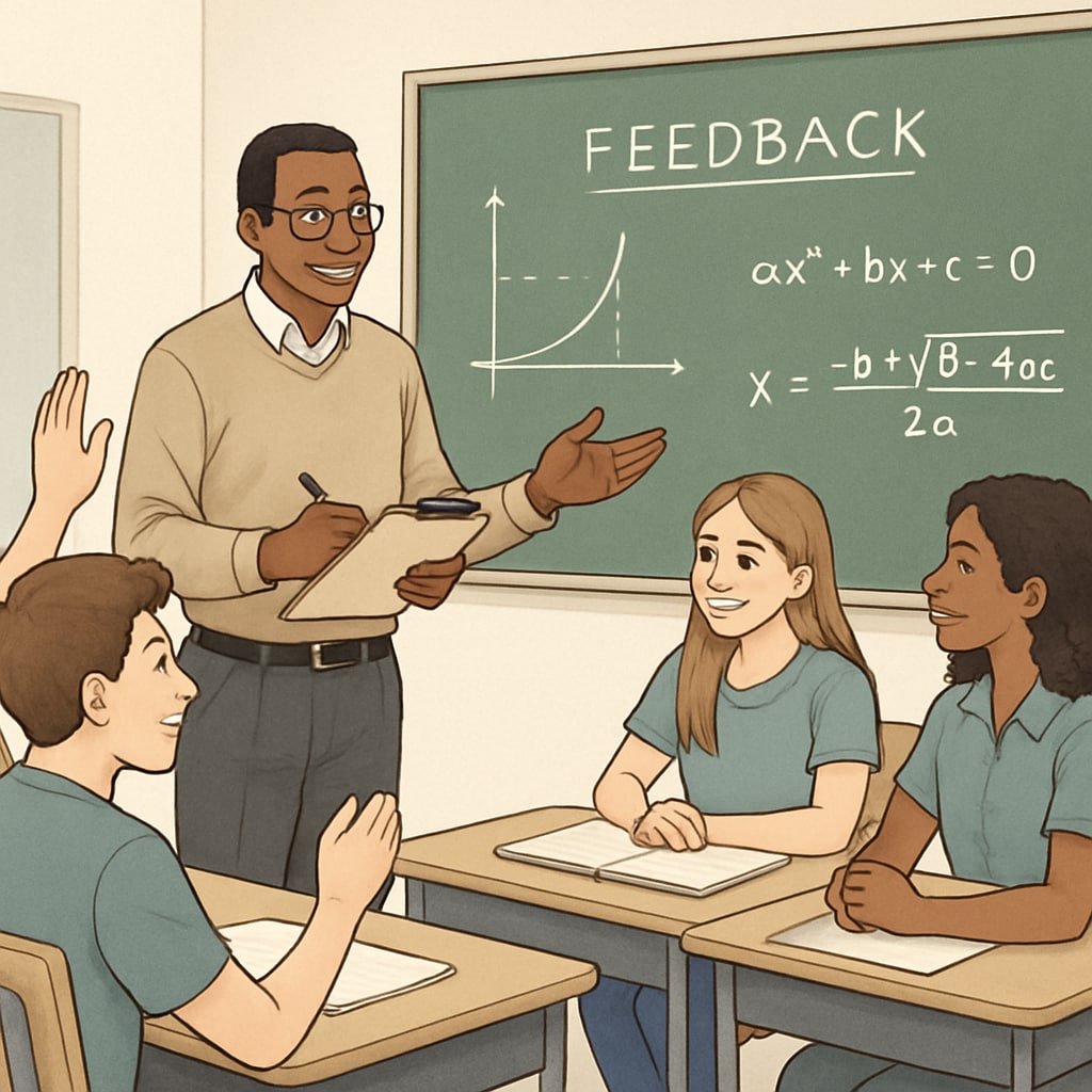 A teacher discussing math concepts with high school students to address learning challenges.