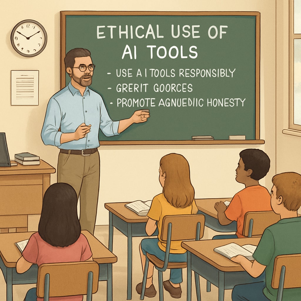 Teacher discussing ethical AI use with students, fostering academic integrity.