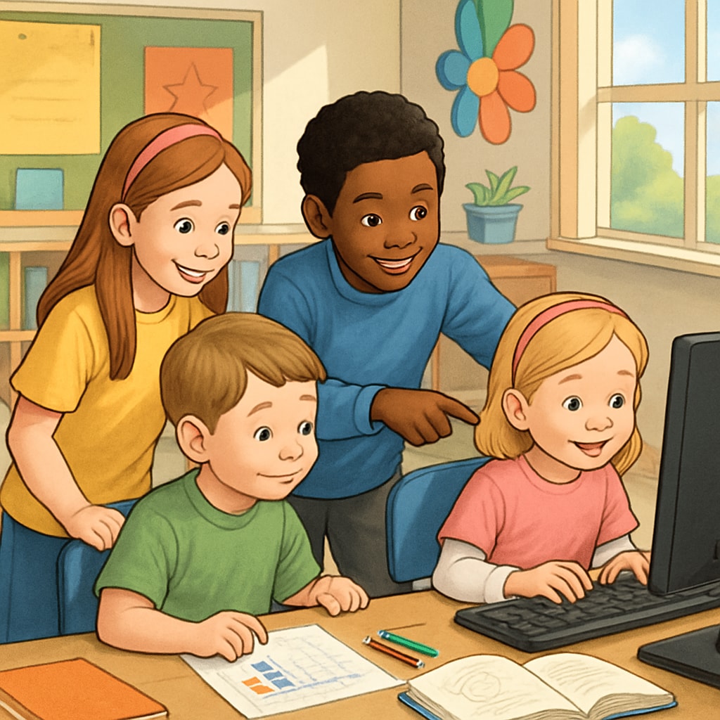 Kindergarten and fourth-grade students collaborating on a computer activity.