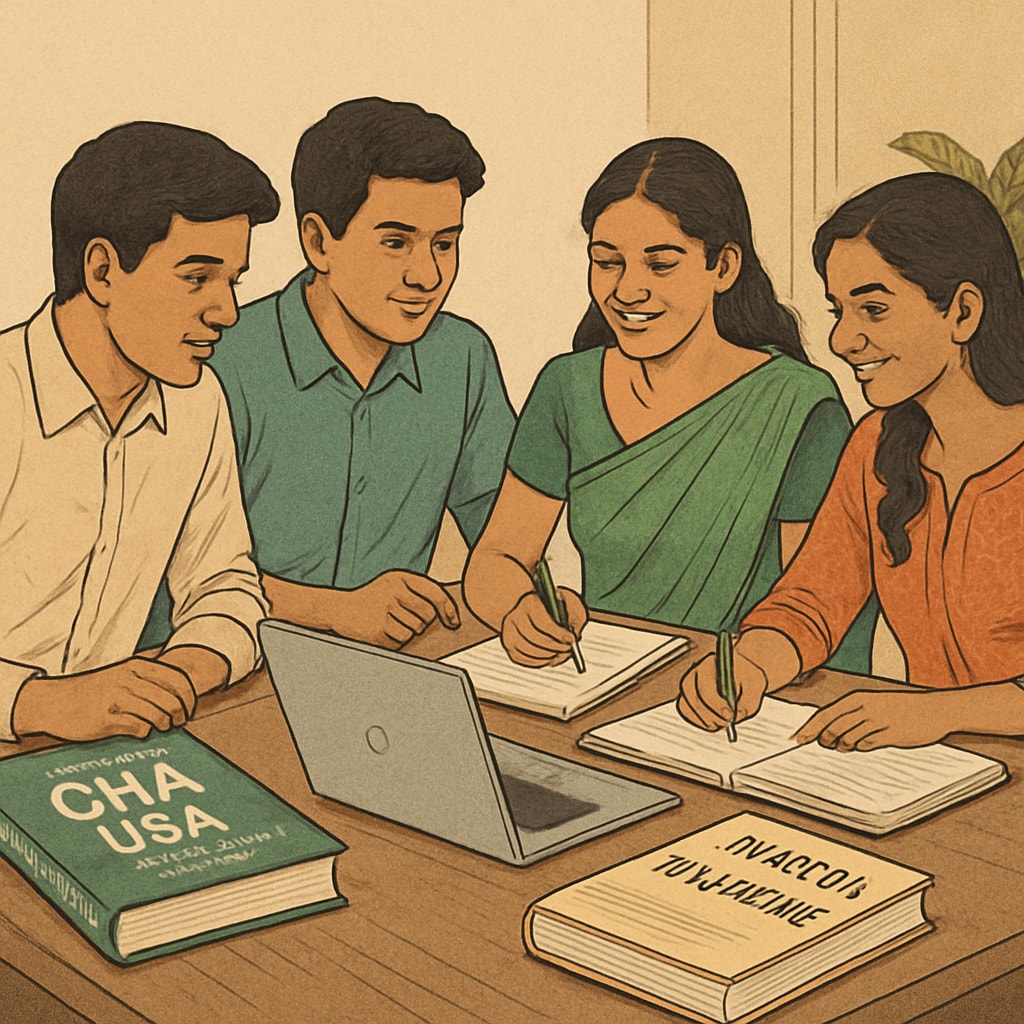 CMA USA learners in Kerala discussing study materials and preparing for exams.