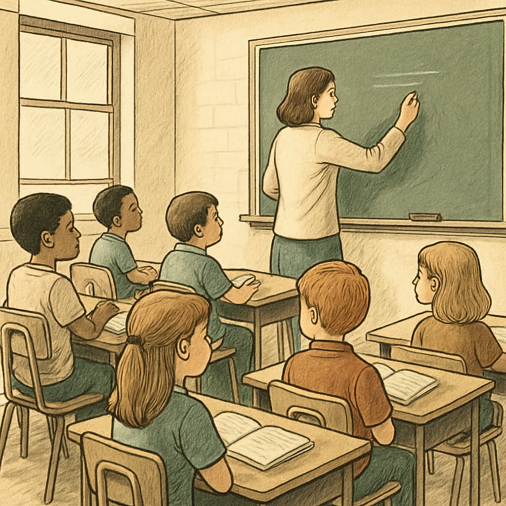 Public school classroom with children learning and teacher instructing, highlighting the need for adequate funding.