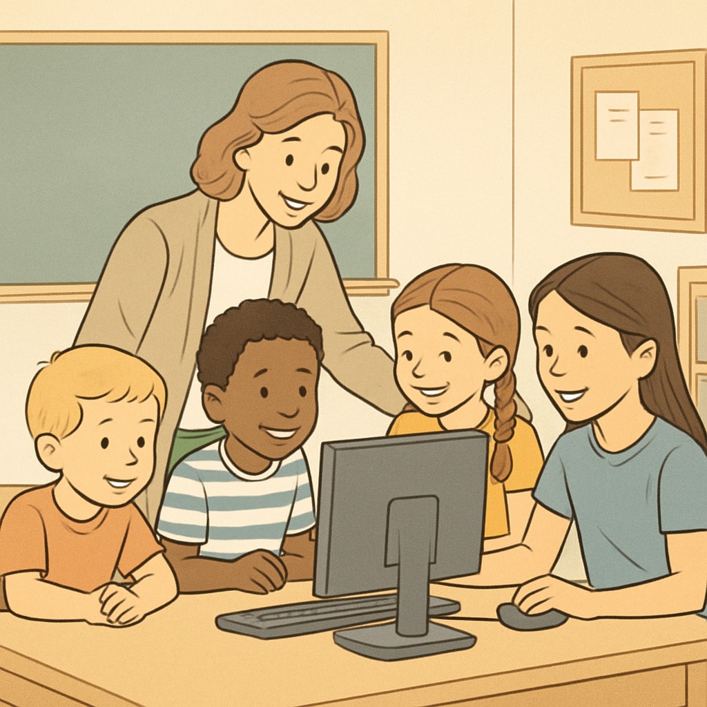 Teacher overseeing a cross-age computer activity between kindergarten and fourth-grade students.