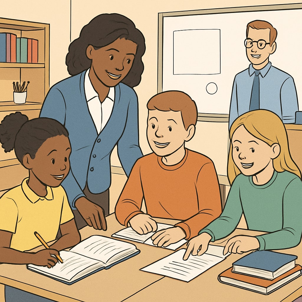 Students and teachers discussing learning strategies in a classroom.