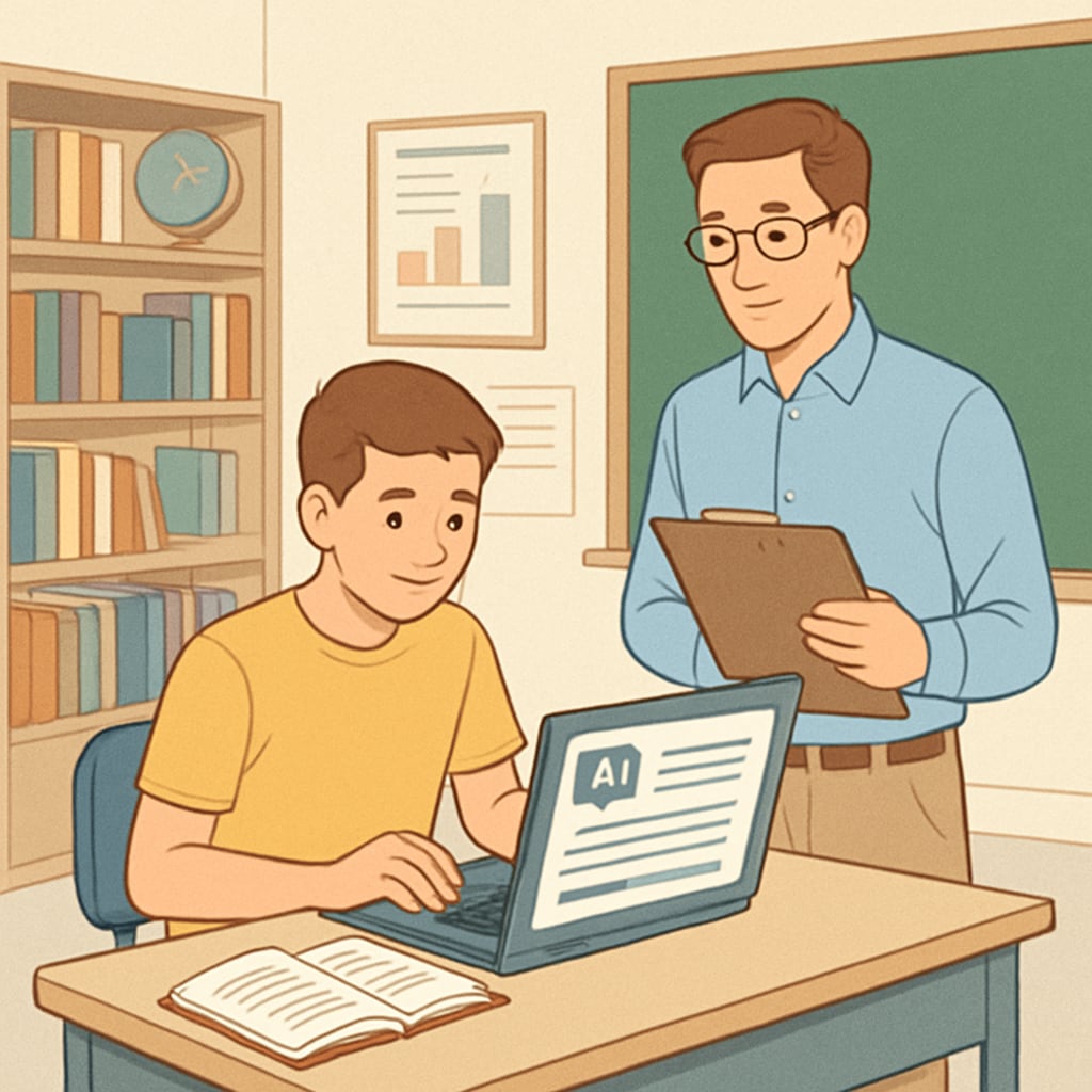 Student using AI tools to write an essay under teacher supervision.