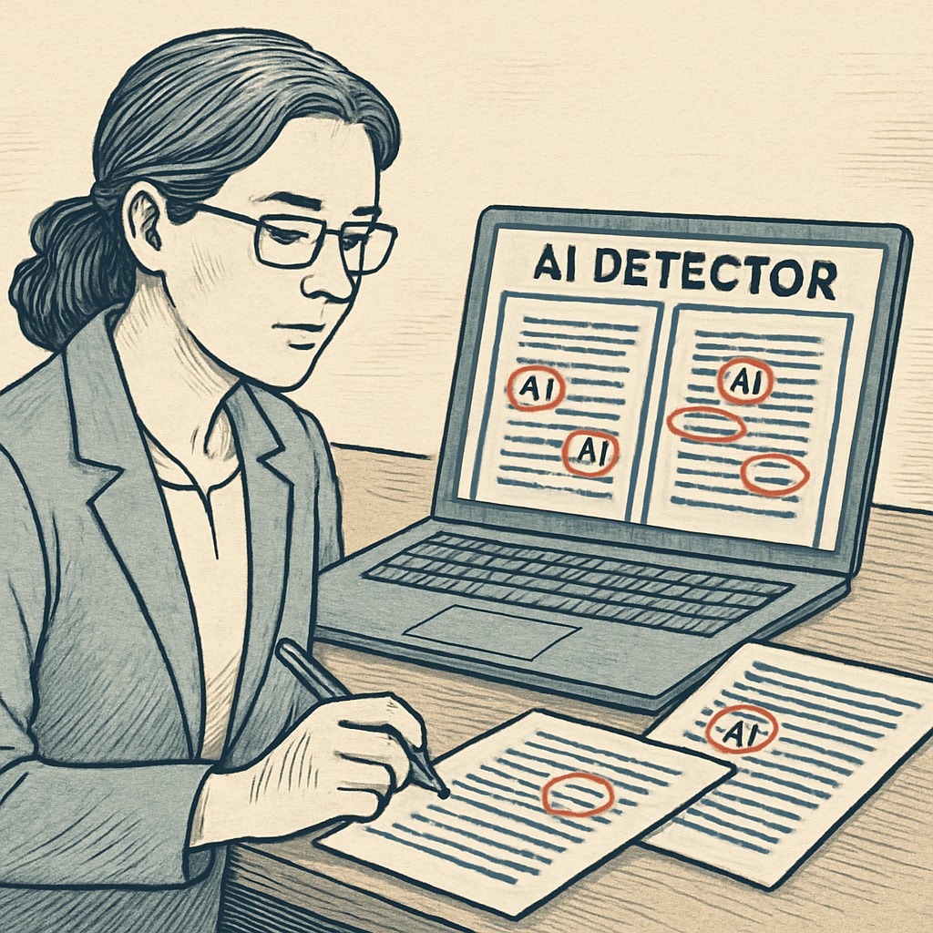 Teacher using AI detection tools to review student essays for integrity.
