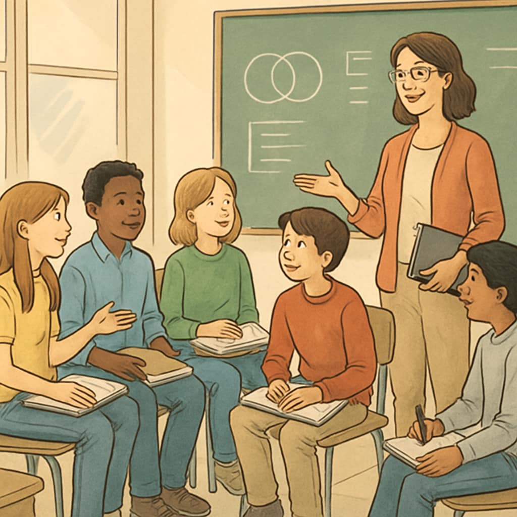 Teacher leading a non-digital classroom activity to promote critical thinking.