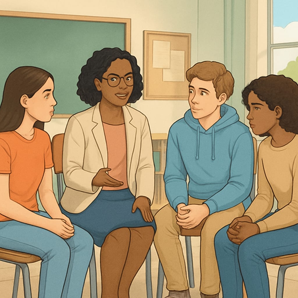 A school counselor mediating a restorative justice session between students. Restorative justice practices for handling school bullying effectively.