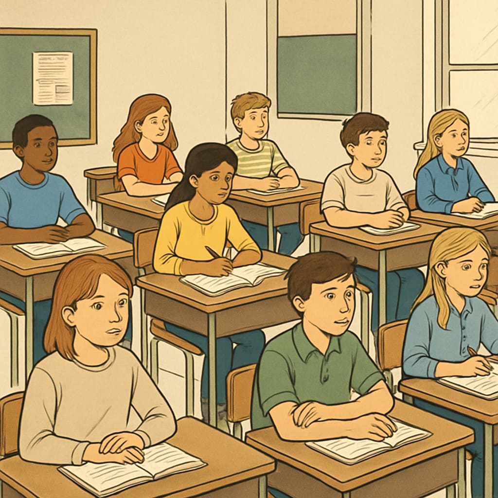 Students focusing on lessons in a classroom without smartphones to illustrate the impact of phone bans.