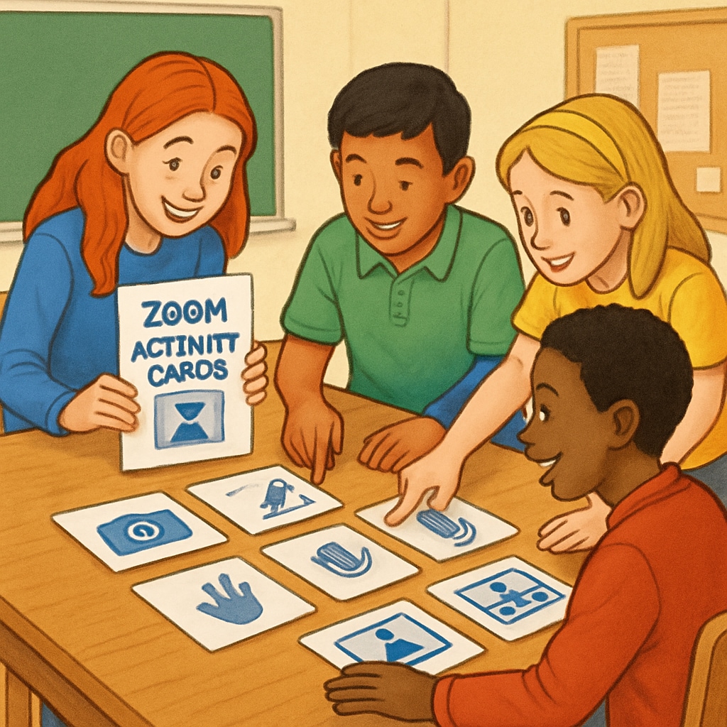 Students collaborating on Zoom activity cards in a classroom setting.