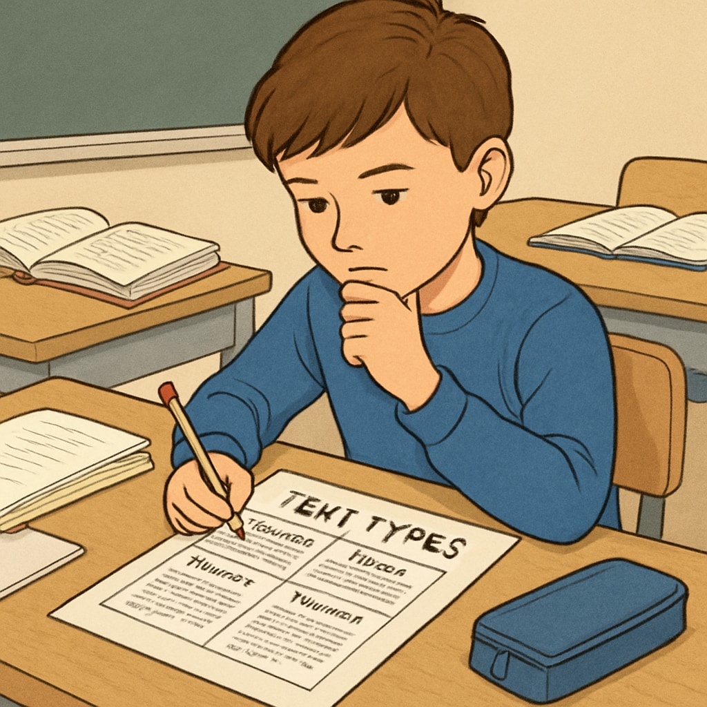 A student analyzing different text types for functional English reading purposes.