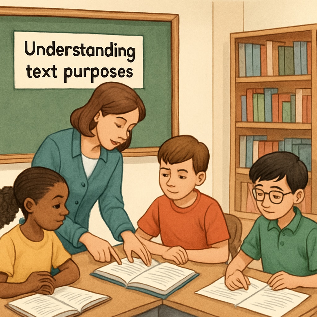 A teacher helping students identify text purposes in functional English reading.