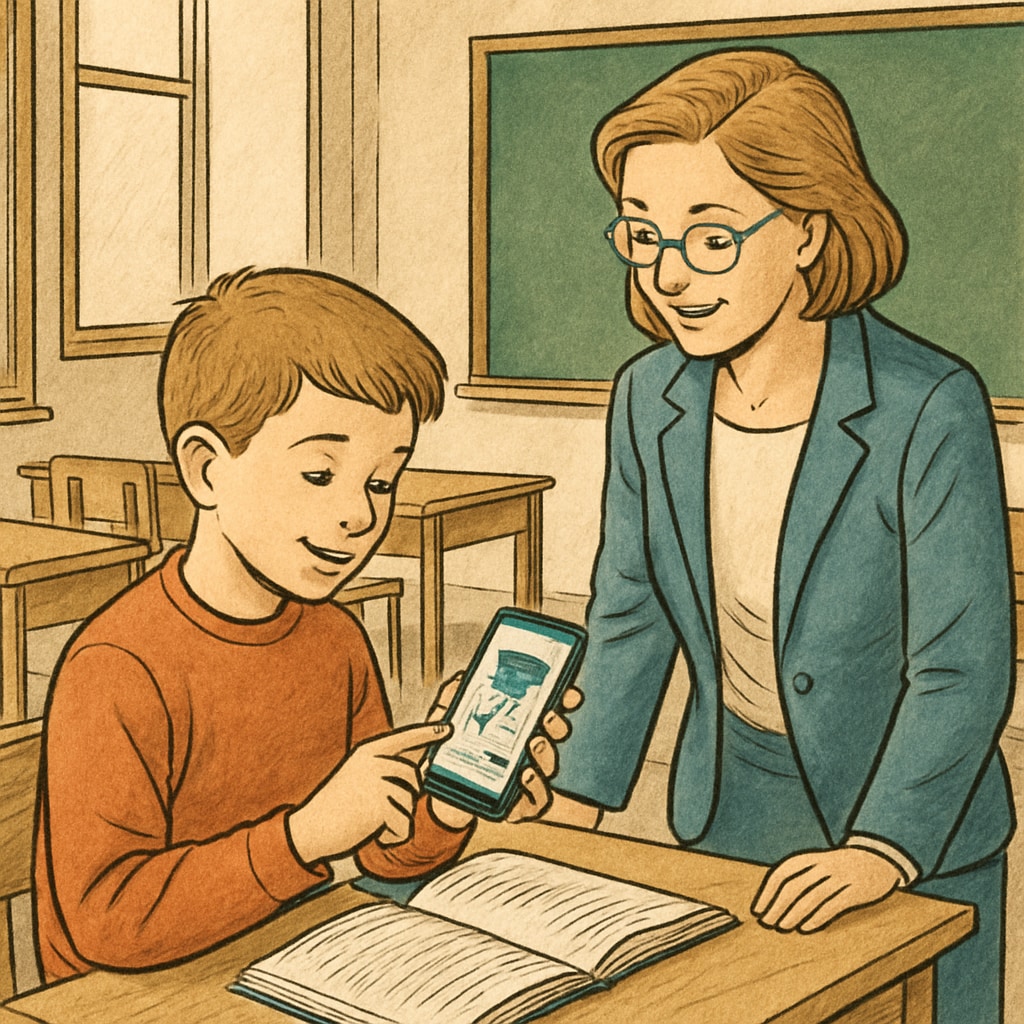 Student accessing educational resources on a mobile phone under teacher supervision.