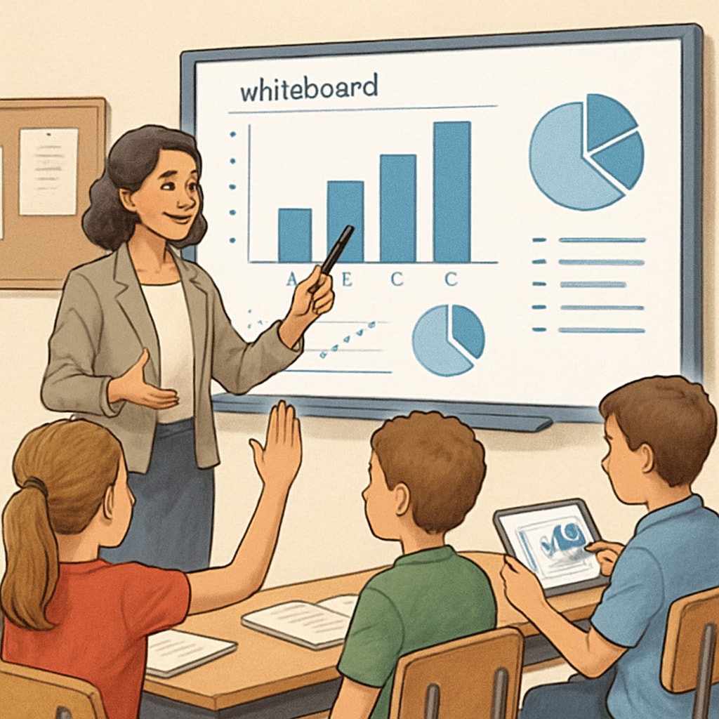 A teacher demonstrating a digital learning tool to students in a classroom.