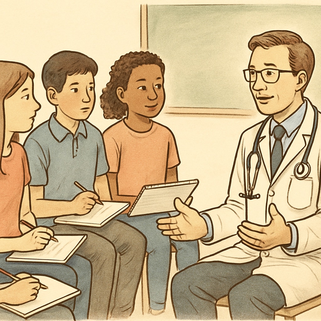Students interviewing a doctor about medical careers during a school project.