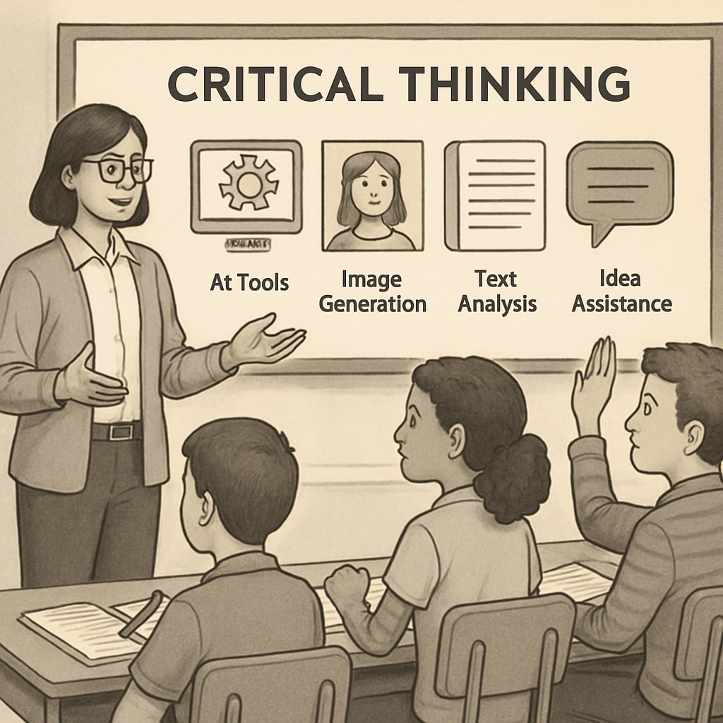 Teacher using AI tools to promote critical thinking in education.