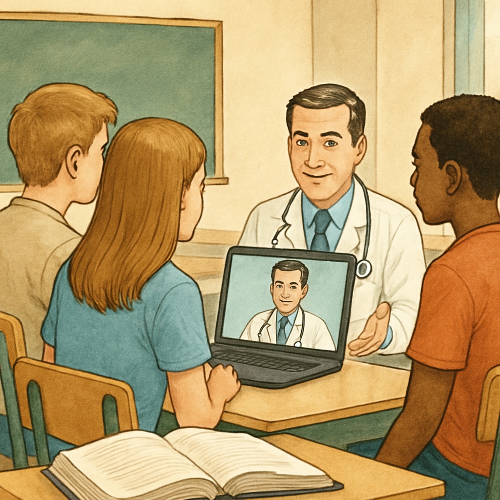 Students conducting an online interview with a doctor about medical careers.