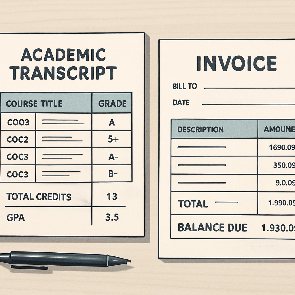 School transcript next to an unpaid tuition invoice.