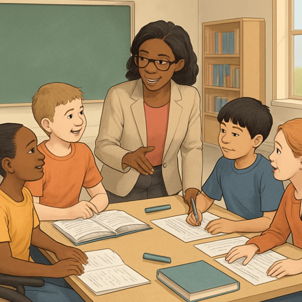 A group of K12 students and a teacher collaborating in a classroom, demonstrating effective learning methods.