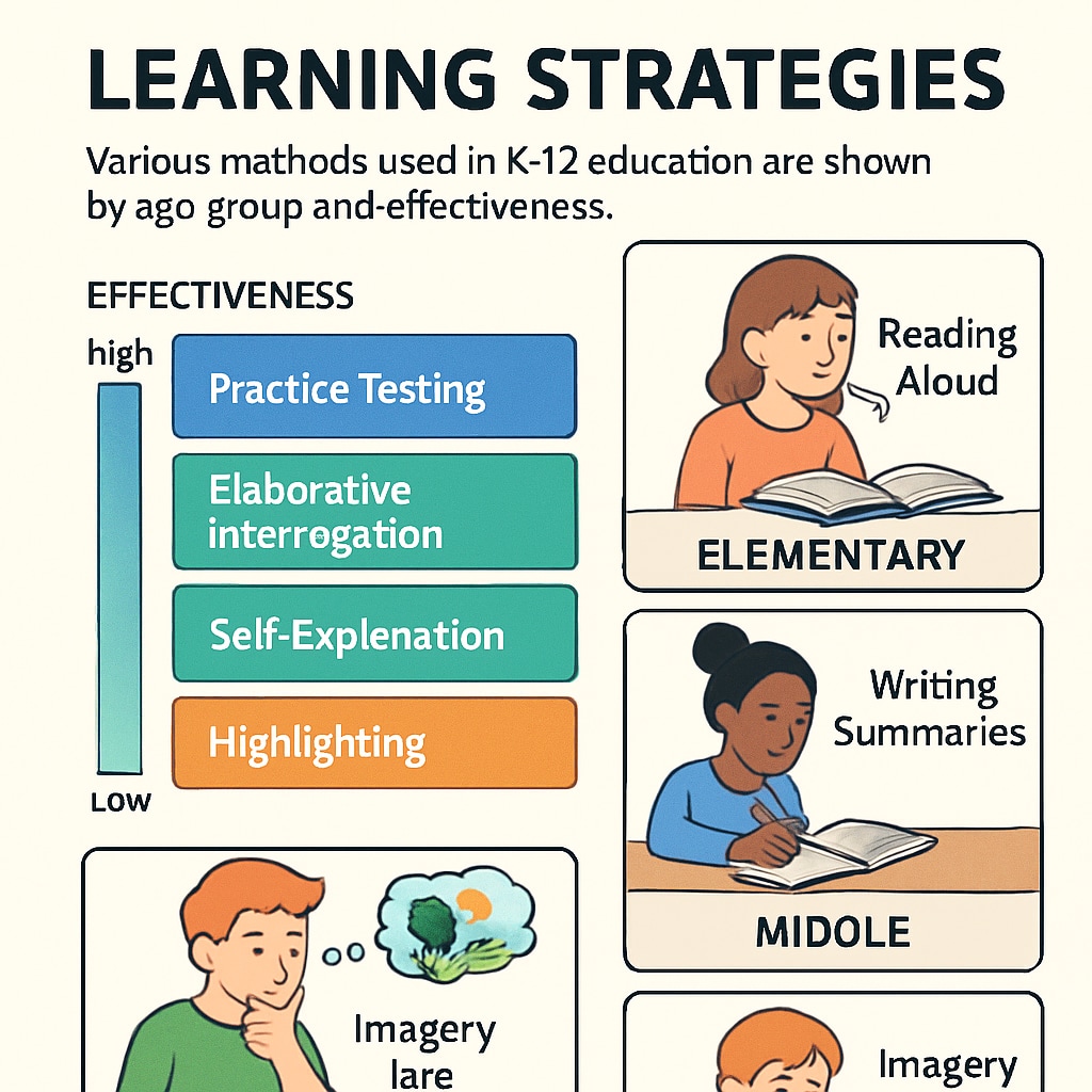 Infographic of K12 learning strategies categorized by age and effectiveness.