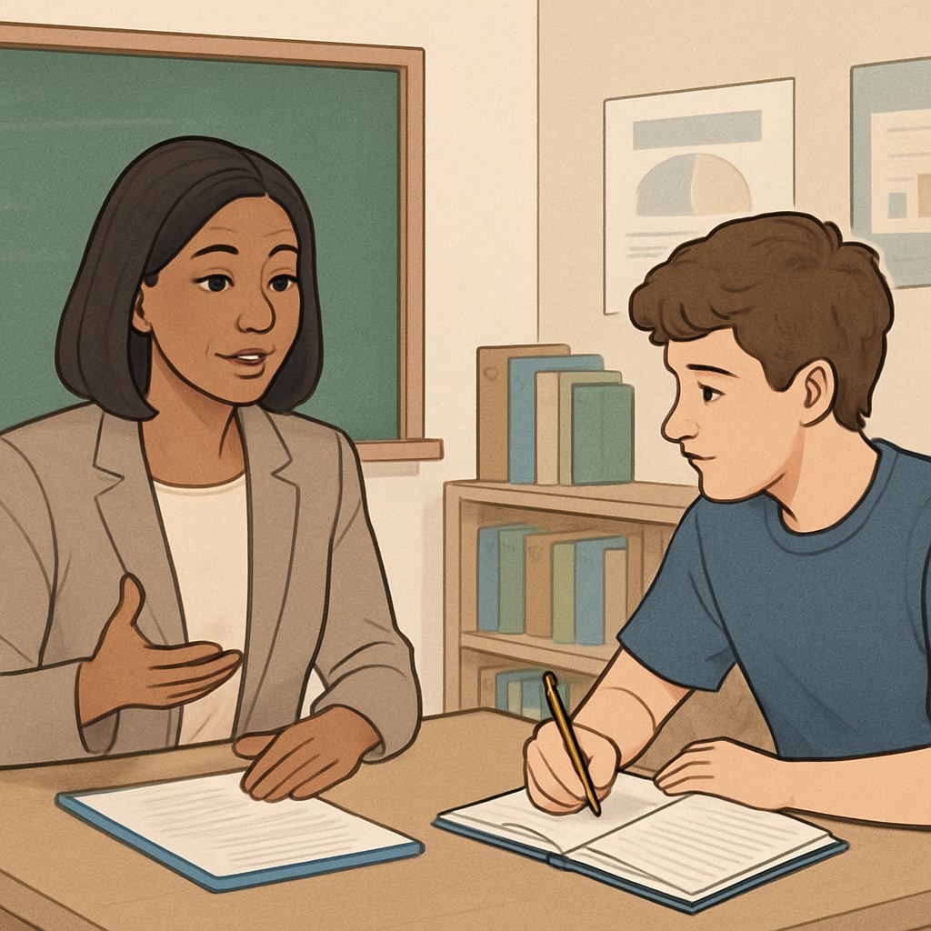A school counselor mentoring a high school student in a classroom setting.