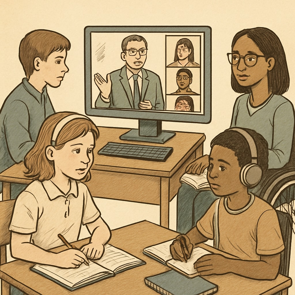Students from different locations participating in a virtual classroom, showcasing online school inclusivity.