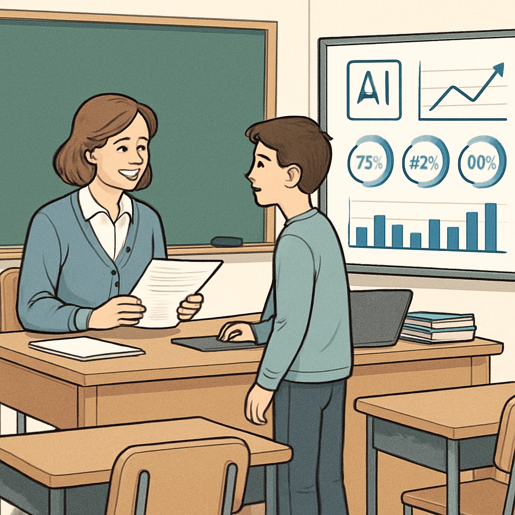 Student working with a teacher while AI analytics are displayed on a screen.
