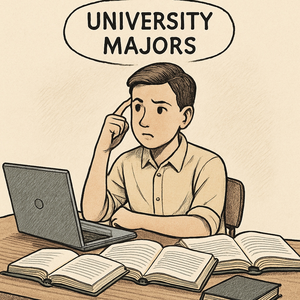 High school student researching university majors with books and laptop.