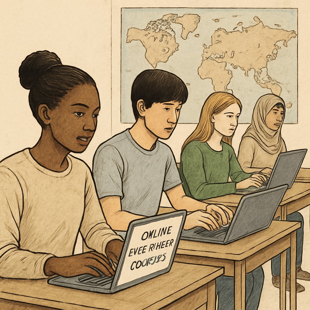 Students accessing international online high school diploma programs via laptops.