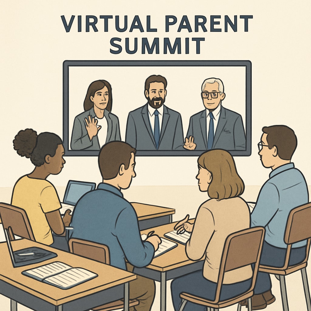 Parents learning executive function strategies for ADHD and ASD support at a virtual summit.