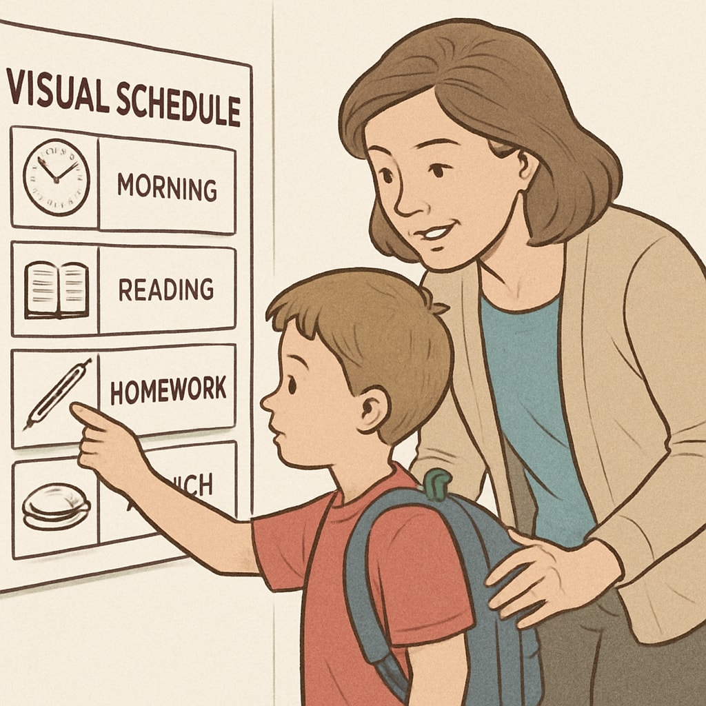 Child demonstrating a time management strategy with a visual schedule, supported by a parent.