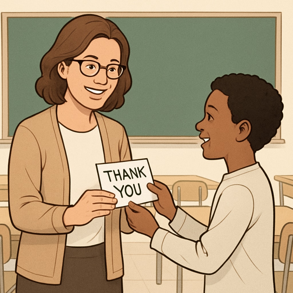 A teacher smiling as a student hands them a thank-you note, symbolizing gratitude and connection in the classroom. Student gratitude expressed through a thank-you note handed to a teacher.