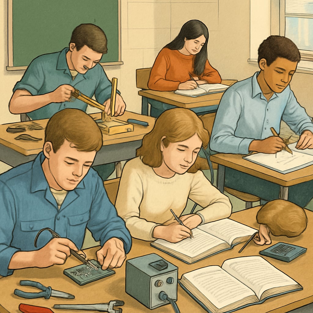 Students blending vocational and academic education in a classroom environment.
