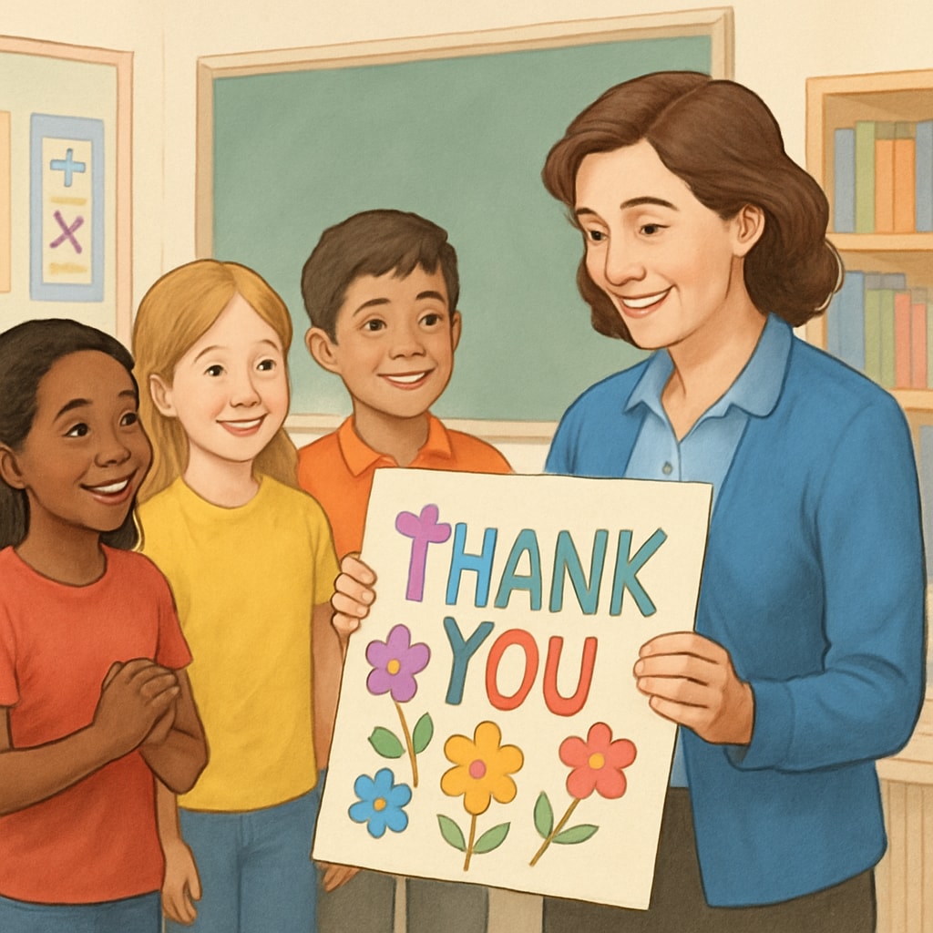 A group of students presenting a handmade thank-you card to their teacher, demonstrating collective gratitude and the impact of positive relationships. Students collectively showing gratitude to a teacher with a handmade card.