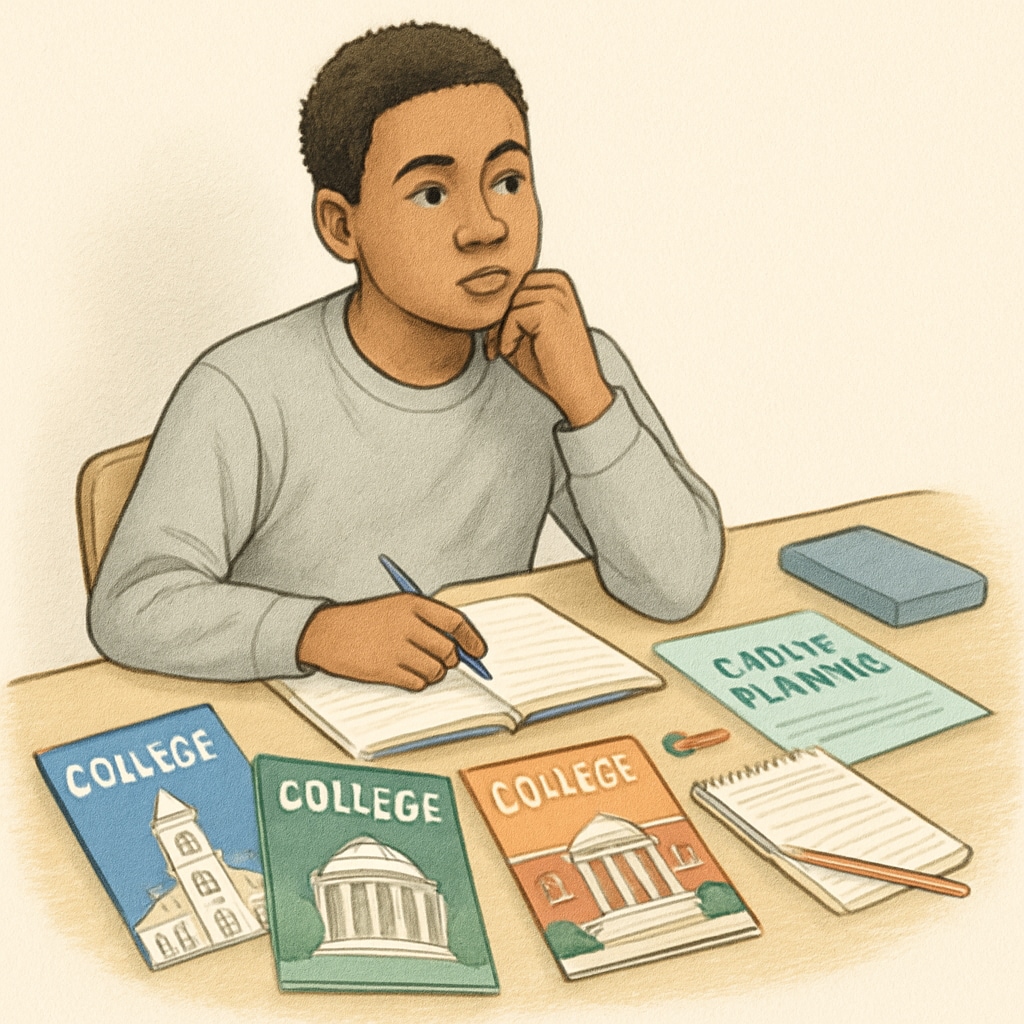 High school student contemplating major selection with brochures and career planning tools