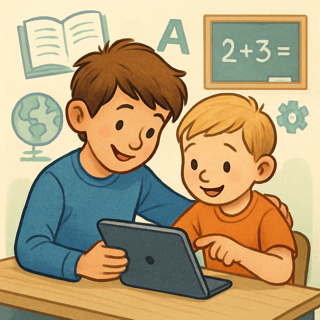 Older and younger students collaborating on digital learning activities in a buddy program.