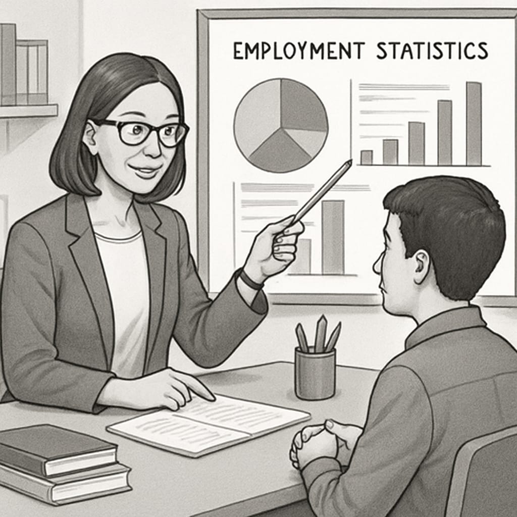Career counselor helping a student visualize job prospects related to college majors