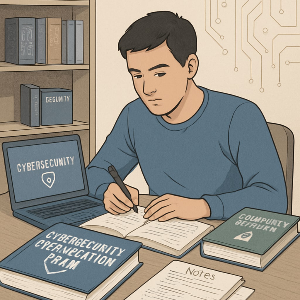 A student studying for a cybersecurity certification exam with textbooks and a laptop.