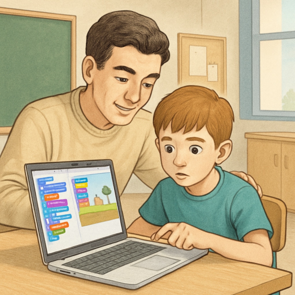 Fourth-grade student helping a kindergarten student with digital problem-solving tasks.