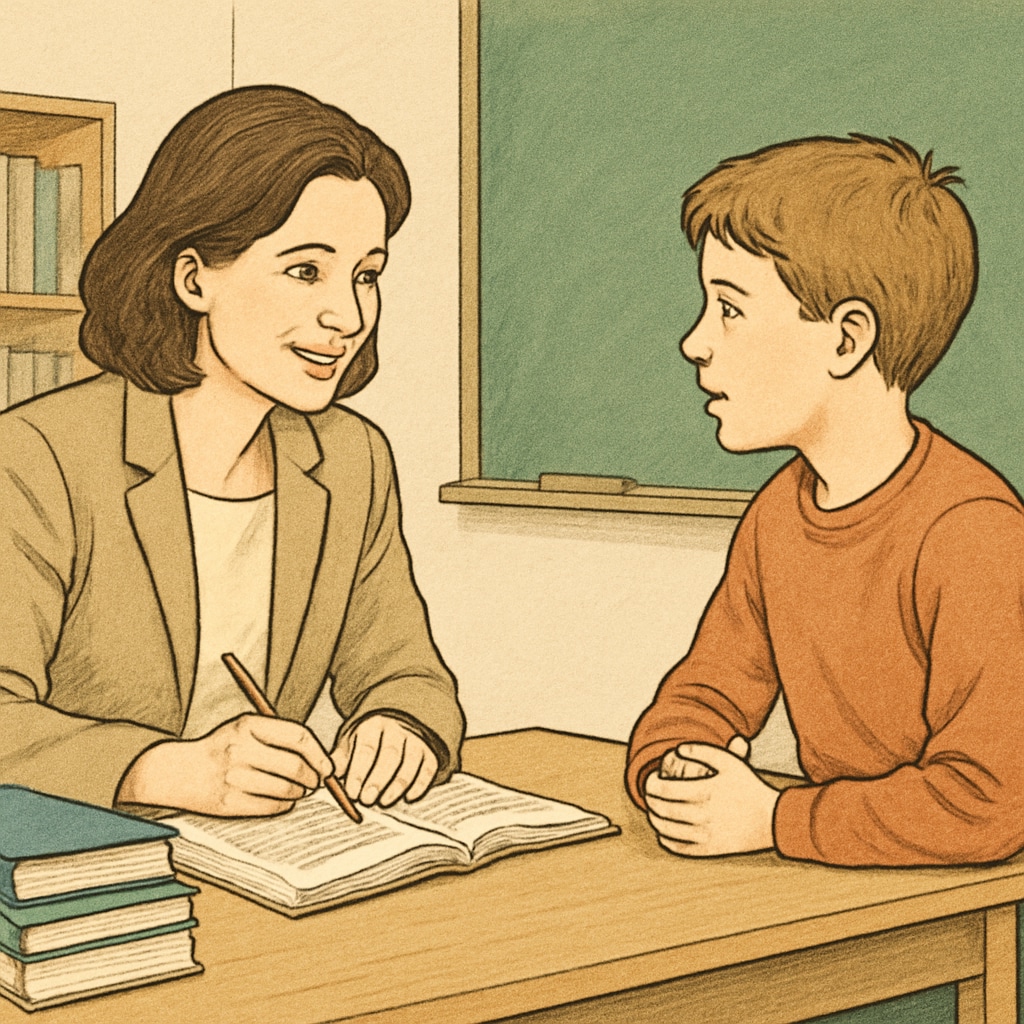 A teacher attentively listening to a student during a one-on-one discussion in a classroom setting. Teacher listening to a student, emphasizing teacher-student interaction and empathy.