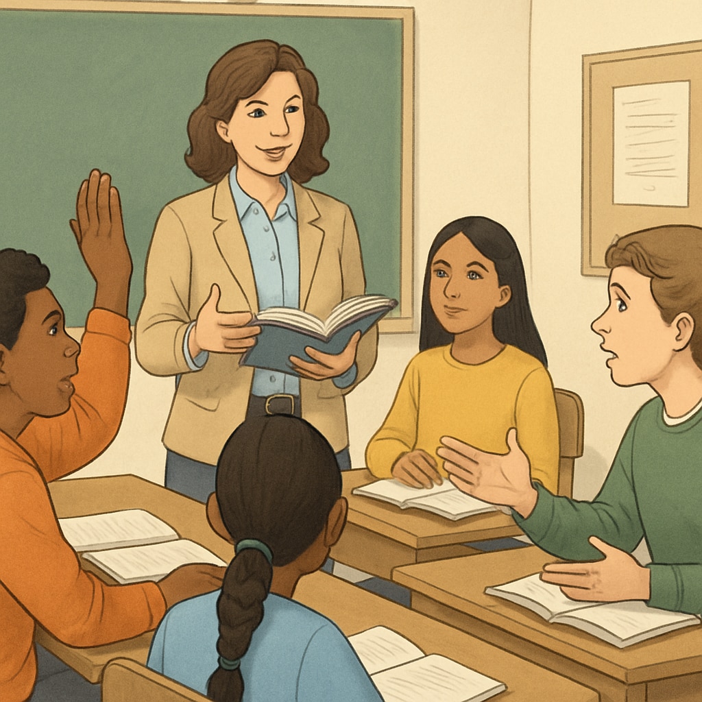 A diverse group of students actively engaging with a teacher during a classroom discussion. Classroom setting with teacher-student interaction, highlighting active engagement.