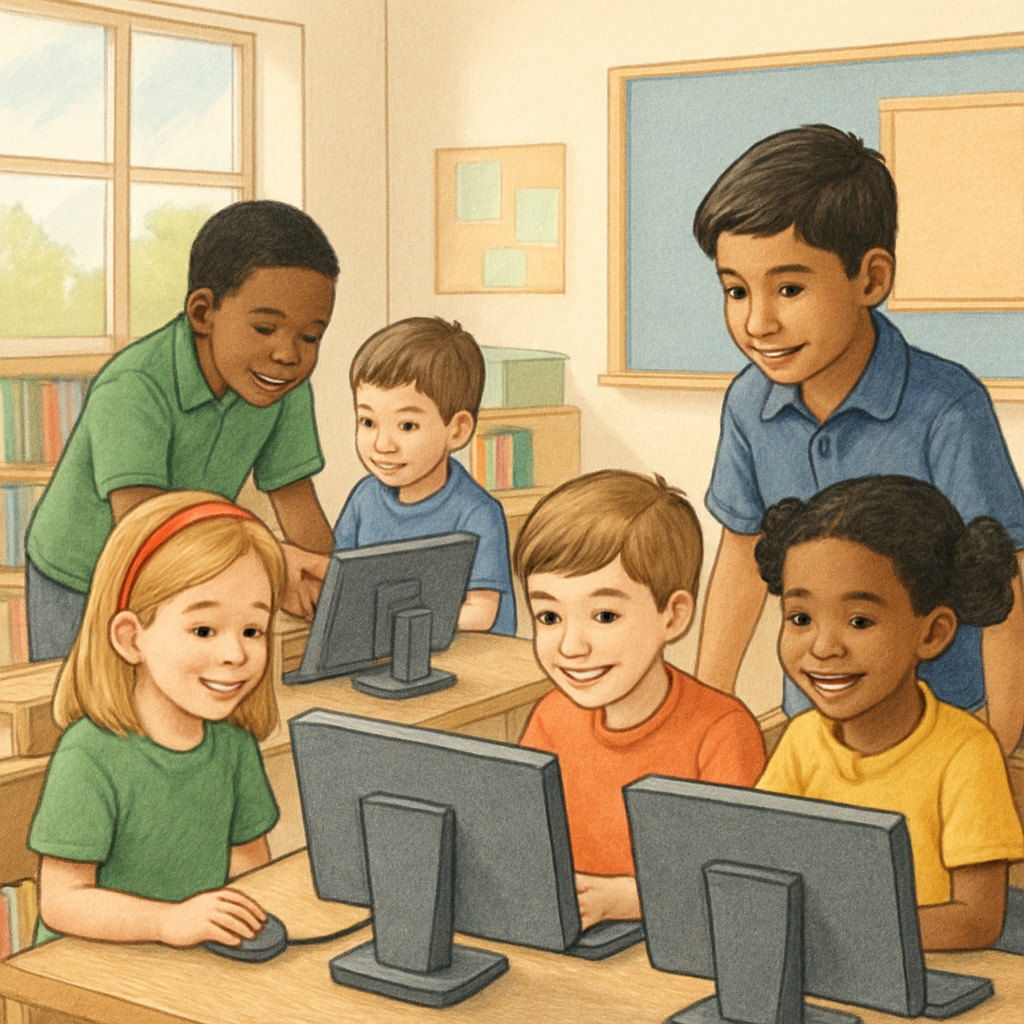 Kindergarten and fourth-grade students working on computer activities together.