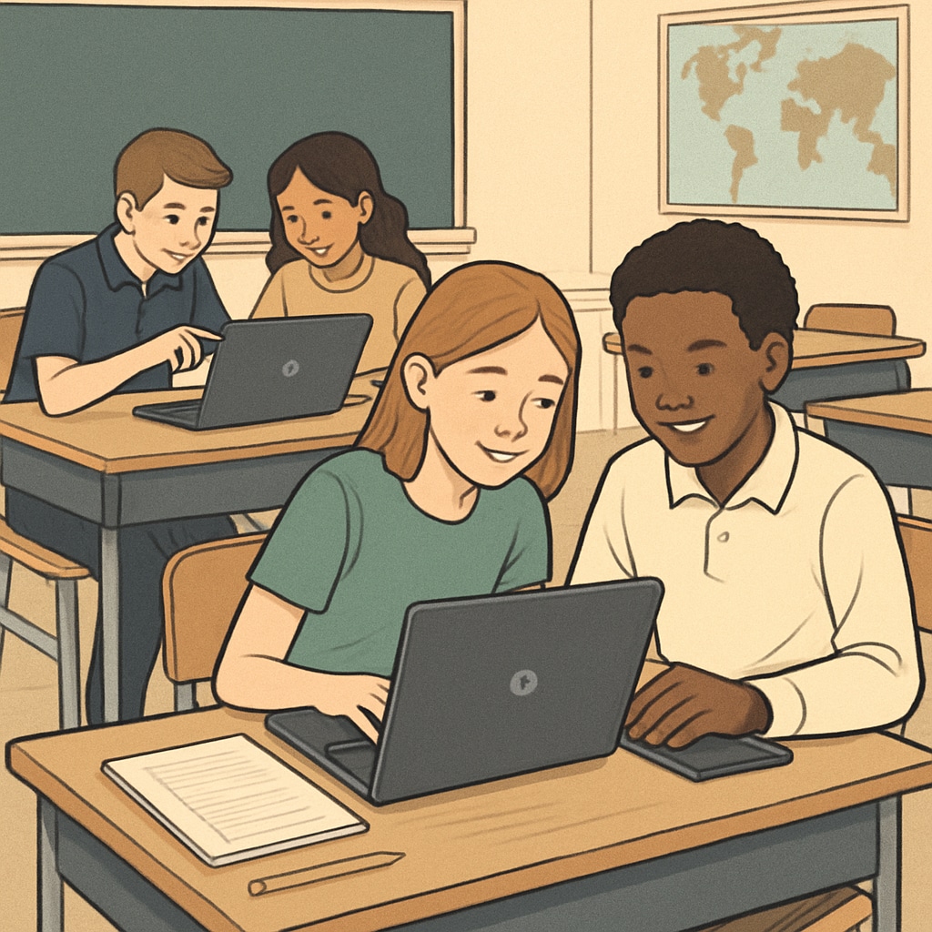 Students using Chromebooks in a classroom setting, showcasing the efficiency of educational technology.