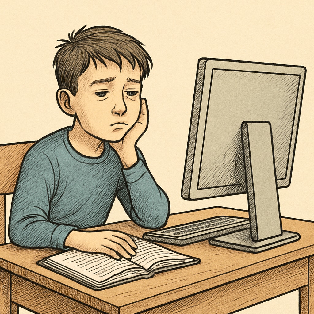 A disengaged student staring at a screen, illustrating the negative impact of excessive EdTech use on critical thinking.