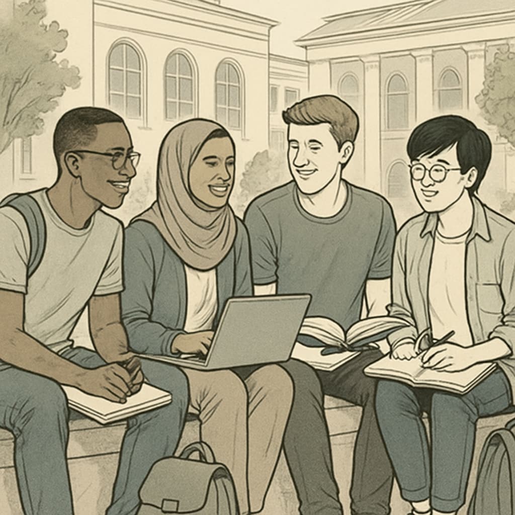 A group of diverse students on campus, representing inclusivity and gender diversity.